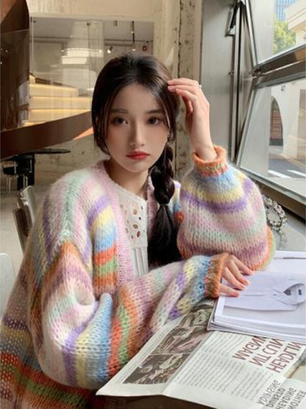 Svītrains paneļu jaciņš sievietēm, krāsains Harajuku Baggy ar garām piedurknēm Trikotāžas izstrādājumi koledžas ikdienas džemperi Y2k apģērbi šiks