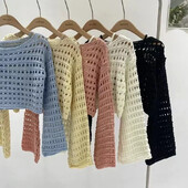 2024 Y2K pikkade varrukatega heegeldatud kootud topp suvine rannabikiiniga Cover Up Crop Pullover Villane trikotaaž Pluus Naiste puhkuse Boho komplekt