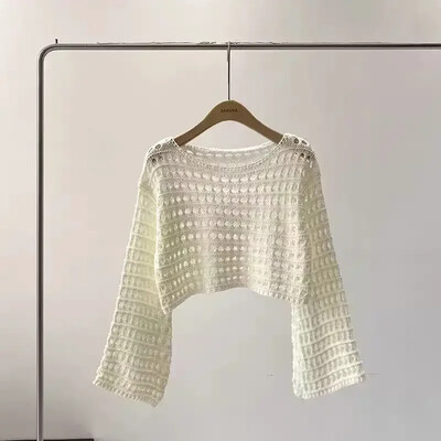 2024 Y2K pikkade varrukatega heegeldatud kootud topp suvine rannabikiiniga Cover Up Crop Pullover Villane trikotaaž Pluus Naiste puhkuse Boho komplekt