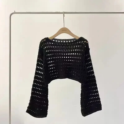 2024 Y2K pikkade varrukatega heegeldatud kootud topp suvine rannabikiiniga Cover Up Crop Pullover Villane trikotaaž Pluus Naiste puhkuse Boho komplekt