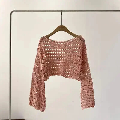 2024 Y2K pikkade varrukatega heegeldatud kootud topp suvine rannabikiiniga Cover Up Crop Pullover Villane trikotaaž Pluus Naiste puhkuse Boho komplekt