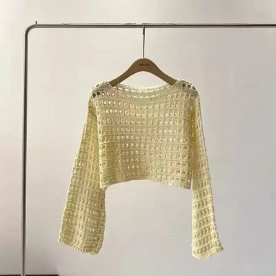 2024 Y2K pikkade varrukatega heegeldatud kootud topp suvine rannabikiiniga Cover Up Crop Pullover Villane trikotaaž Pluus Naiste puhkuse Boho komplekt