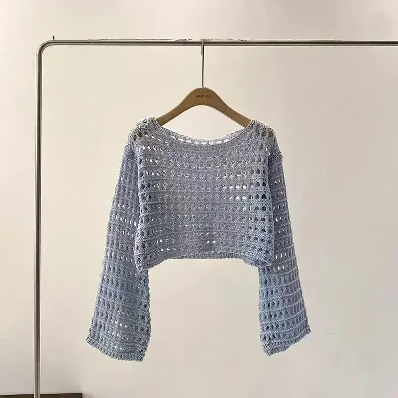 2024 Y2K Top tricot croșetat cu mânecă lungă Bikini de vară pentru plajă Acoperire crop Pulover din tricotaj din lână Bluză femeie ținută boho de vacanță