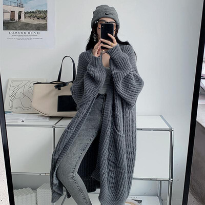 Cardigan tricotat pentru femei, moda coreeană, toamnă, iarnă, pulover lung, larg, îmbrăcăminte de stradă, pulovere cu cusătură deschisă, tricotaje