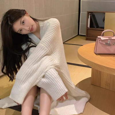 Cardigan tricotat pentru femei, moda coreeană, toamnă, iarnă, pulover lung, larg, îmbrăcăminte de stradă, pulovere cu cusătură deschisă, tricotaje