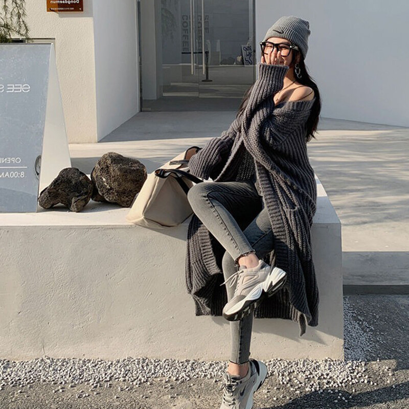 Cardigan tricotat pentru femei, moda coreeană, toamnă, iarnă, pulover lung, larg, îmbrăcăminte de stradă, pulovere cu cusătură deschisă, tricotaje