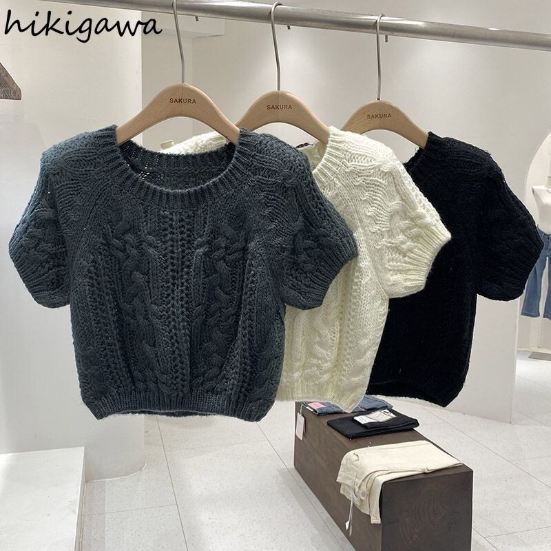 Pletena odjeća Skraćeni puloveri za žene kratkih rukava s O-izrezom Pull Femme 2023 Ropa Mujer Ležerni modni pleteni pulover Y2k Topovi