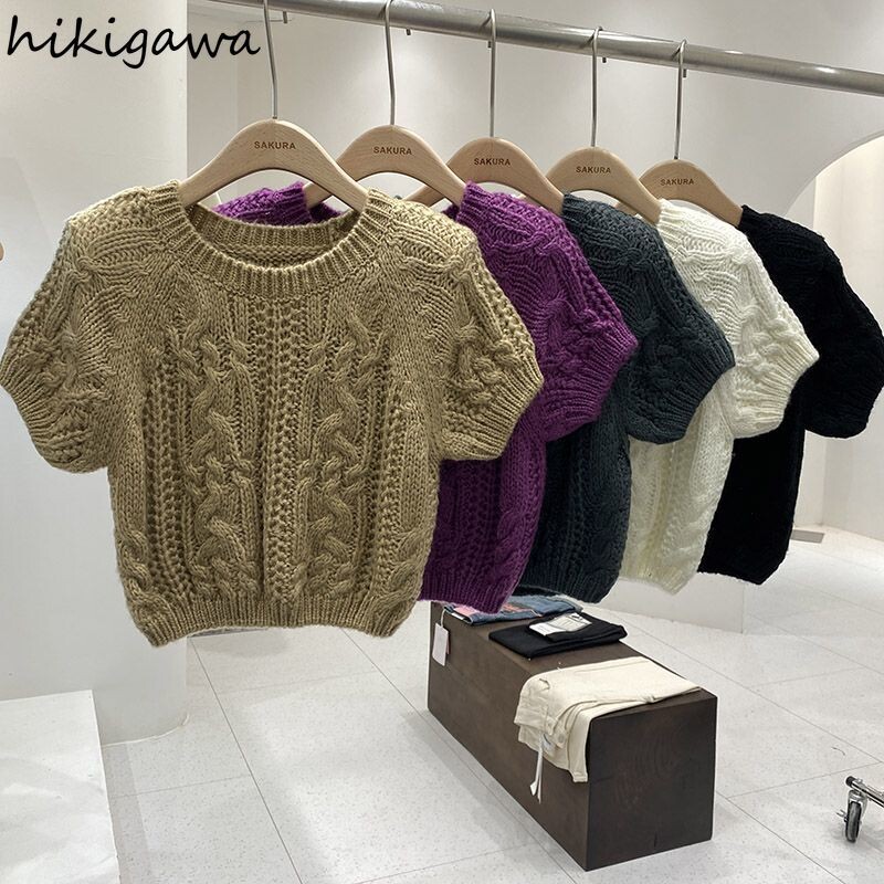 Pletena odjeća Skraćeni puloveri za žene kratkih rukava s O-izrezom Pull Femme 2023 Ropa Mujer Ležerni modni pleteni pulover Y2k Topovi