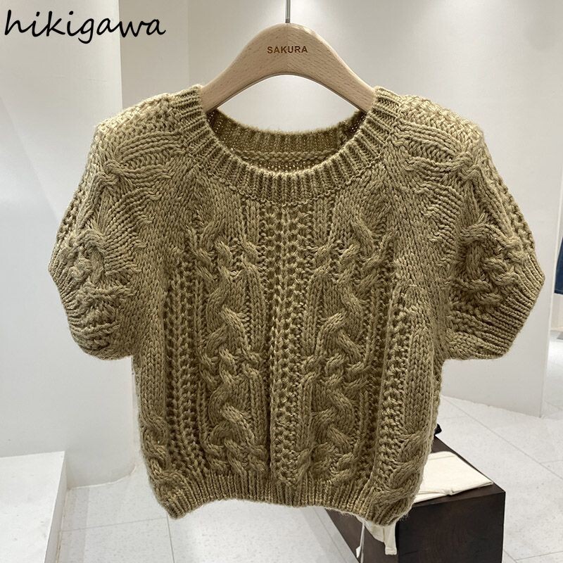 Pletena odjeća Skraćeni puloveri za žene kratkih rukava s O-izrezom Pull Femme 2023 Ropa Mujer Ležerni modni pleteni pulover Y2k Topovi