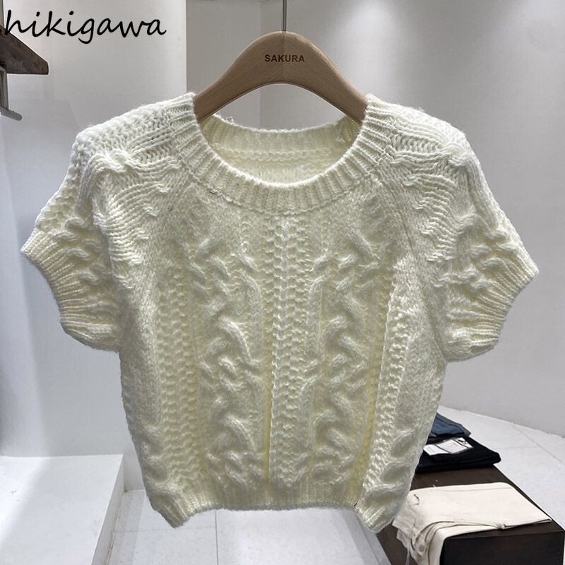 Pletena odjeća Skraćeni puloveri za žene kratkih rukava s O-izrezom Pull Femme 2023 Ropa Mujer Ležerni modni pleteni pulover Y2k Topovi