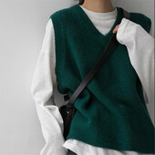 Koreai Solid New Vintage 2024 Női pulóver mellény Klasszikus zöld Retro Ujjatlan Egyszerű Dizájn Femme Tavaszi V-nyakú kötöttáru felsők
