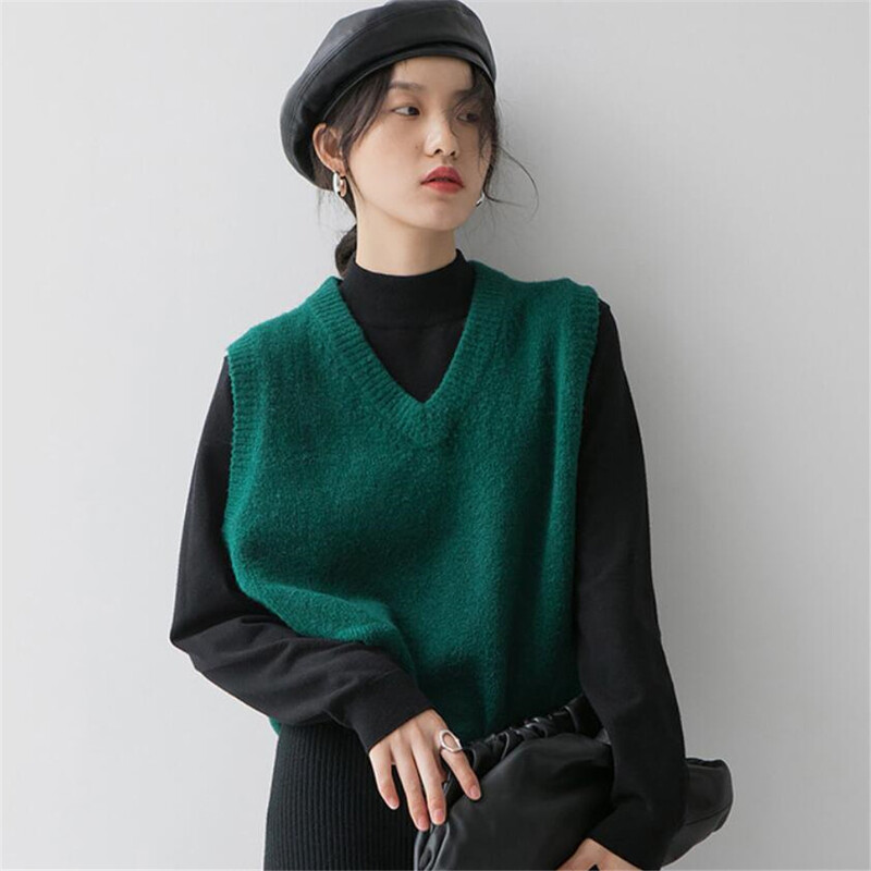 Koreai Solid New Vintage 2024 Női pulóver mellény Klasszikus zöld Retro Ujjatlan Egyszerű Dizájn Femme Tavaszi V-nyakú kötöttáru felsők