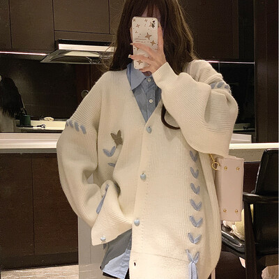 Otmjeni veste s V-izrezom za žene Slatke kawaii učenice s vezanjem Kaput s dugim rukavima od pletiva U jesenskoj korejskoj verziji