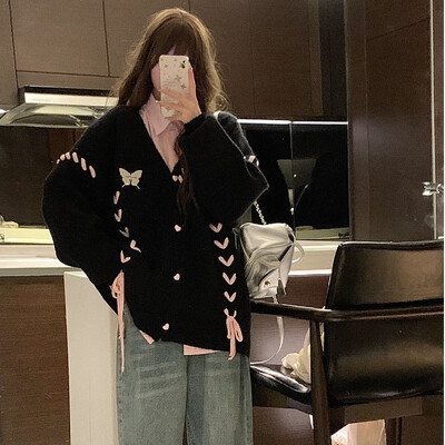 Otmjeni veste s V-izrezom za žene Slatke kawaii učenice s vezanjem Kaput s dugim rukavima od pletiva U jesenskoj korejskoj verziji