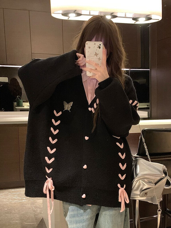 Otmjeni veste s V-izrezom za žene Slatke kawaii učenice s vezanjem Kaput s dugim rukavima od pletiva U jesenskoj korejskoj verziji