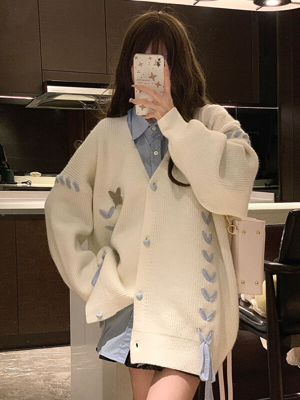 Otmjeni veste s V-izrezom za žene Slatke kawaii učenice s vezanjem Kaput s dugim rukavima od pletiva U jesenskoj korejskoj verziji
