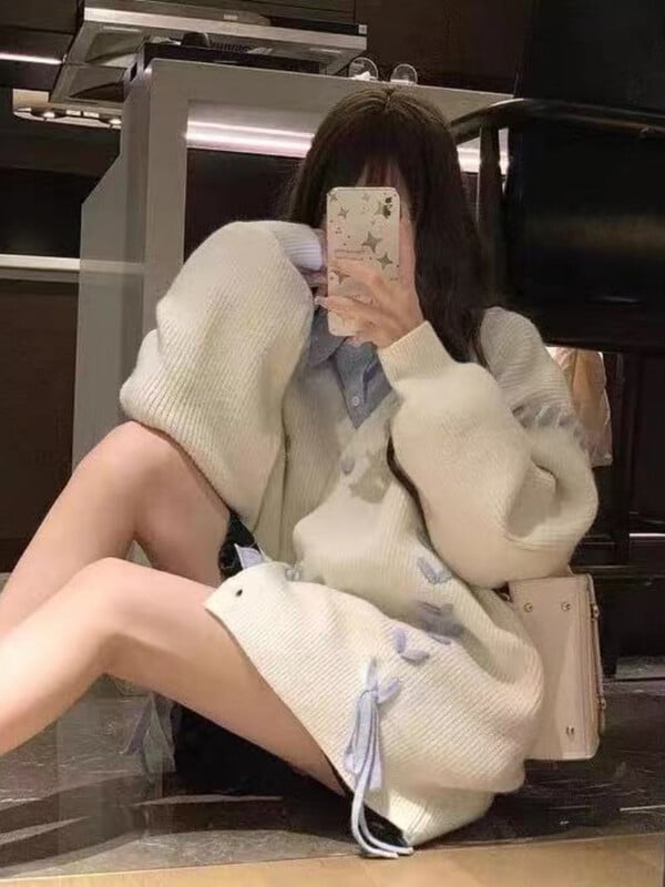 Otmjeni veste s V-izrezom za žene Slatke kawaii učenice s vezanjem Kaput s dugim rukavima od pletiva U jesenskoj korejskoj verziji
