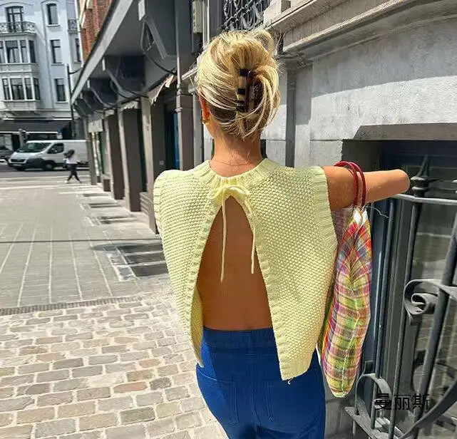 Žuti pleteni skraćeni prsluk bez rukava s O-izrezom, seksi ležerni, elegantni pulover bez leđa, ležeran, elegantan šik pletenina 2023.