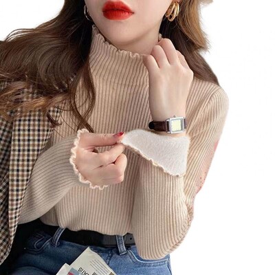 Iarnă Plus catifea pulover cald cu gât tricotat, tricotaj elastic coreean, haine pentru femei, pulover subțire cu mânecă lungă, 2023