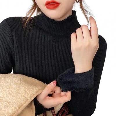 Iarnă Plus catifea pulover cald cu gât tricotat, tricotaj elastic coreean, haine pentru femei, pulover subțire cu mânecă lungă, 2023
