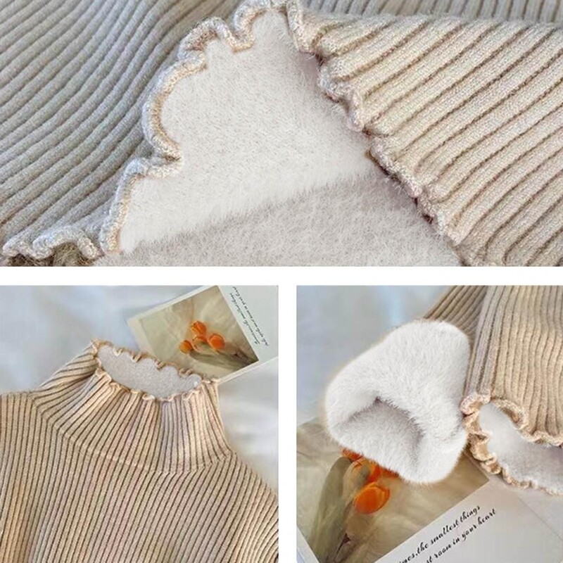 Iarnă Plus catifea pulover cald cu gât tricotat, tricotaj elastic coreean, haine pentru femei, pulover subțire cu mânecă lungă, 2023