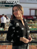 TRAFZA 2023 Cardigan cu mânecă lungă cu nervuri Tricoturi pentru femei Cardiganuri decupate negre Femei Pulover tricotat metalic Cardigan pentru femei