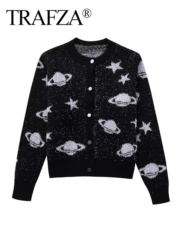 TRAFZA 2023 Cardigan cu mânecă lungă cu nervuri Tricoturi pentru femei Cardiganuri decupate negre Femei Pulover tricotat metalic Cardigan pentru femei