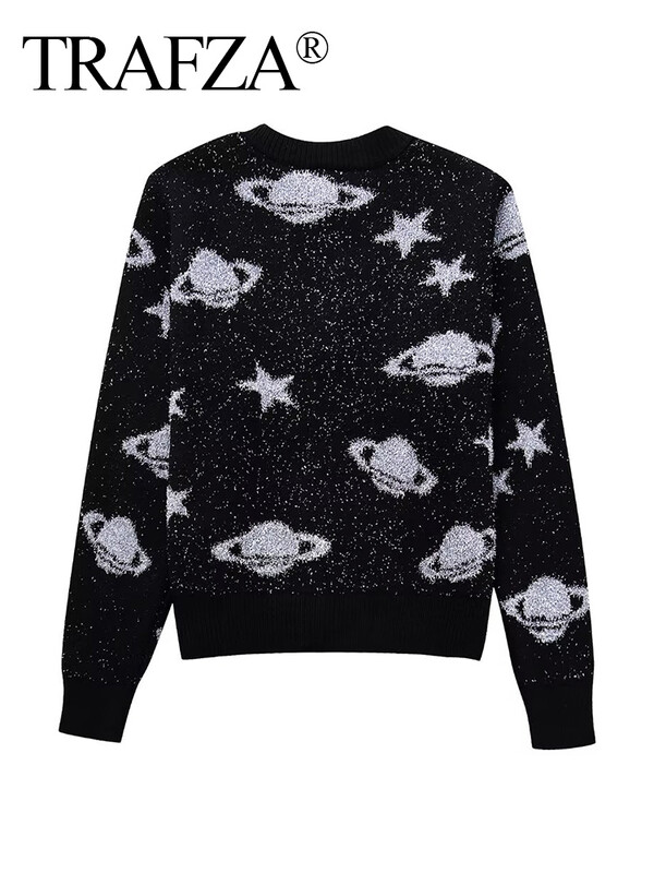 TRAFZA 2023 Cardigan cu mânecă lungă cu nervuri Tricoturi pentru femei Cardiganuri decupate negre Femei Pulover tricotat metalic Cardigan pentru femei
