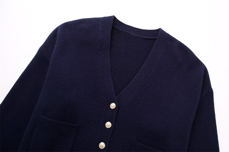 Sieviešu brīvs, tumši zils V kakla adīts jaciņš, 2023. gada rudens sieviešu vintage zelta pogas trikotāžas jakas, masīvs sieviešu trikotāža