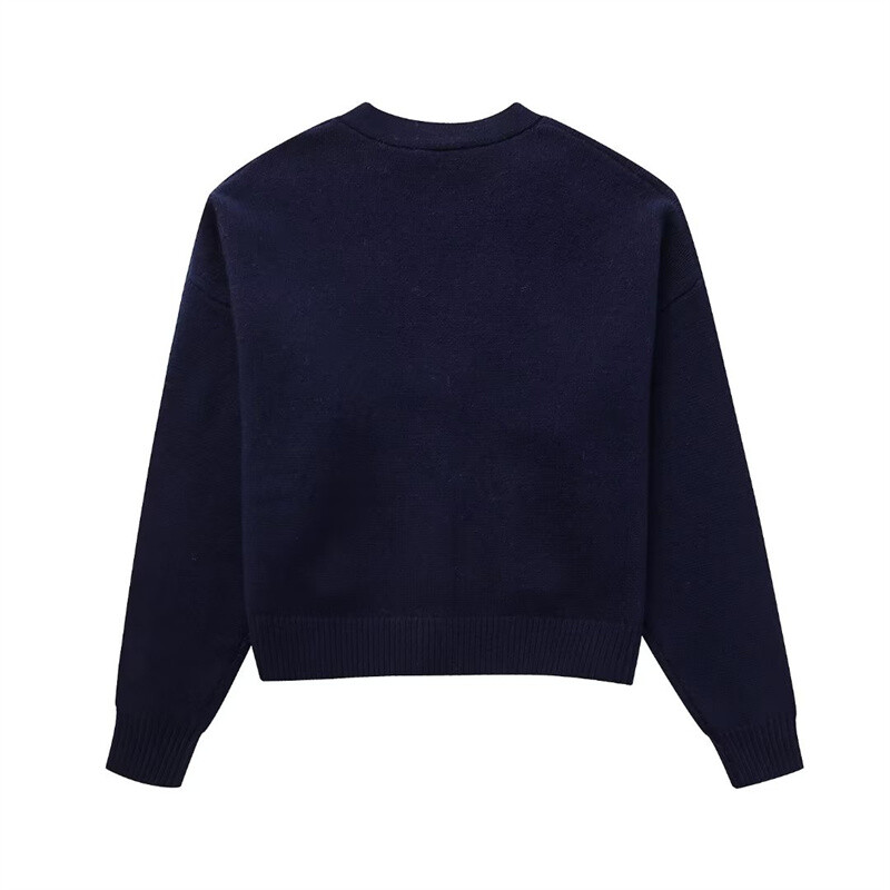 Sieviešu brīvs, tumši zils V kakla adīts jaciņš, 2023. gada rudens sieviešu vintage zelta pogas trikotāžas jakas, masīvs sieviešu trikotāža