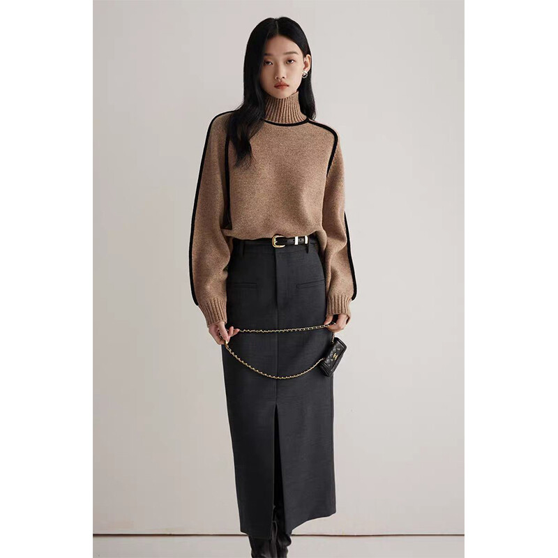 MEXZT Pulover vintage cu dungi Pulovere tricotate cu mozaic pentru femei Tricoturi coreeane pe jumătate cu gât înalt, iarnă, cu mânecă lungă, pulovere largi