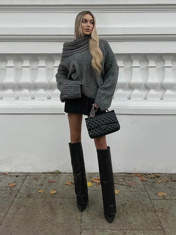 Modni jednobojni pulover s urezanim izrezom za žene, elegantni džemperi dugih rukava s otvorenim ramenima, 2024. Ženska pletena odjeća za gradsku vožnju