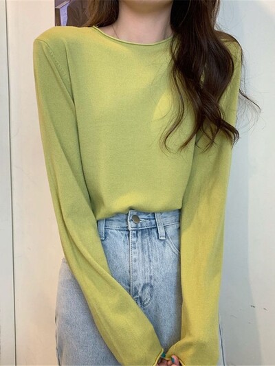 Modni korejski gornji ženski široki pleteni pulover s dugim rukavima u 16 boja, osnovna majica kratkih rukava, ležerna čista pletenina