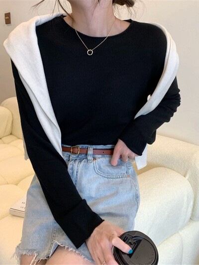 Modni korejski gornji ženski široki pleteni pulover s dugim rukavima u 16 boja, osnovna majica kratkih rukava, ležerna čista pletenina
