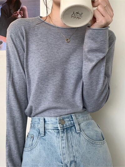 Modni korejski gornji ženski široki pleteni pulover s dugim rukavima u 16 boja, osnovna majica kratkih rukava, ležerna čista pletenina