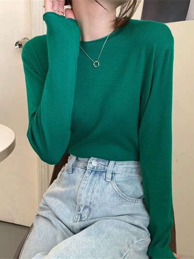 Modni korejski gornji ženski široki pleteni pulover s dugim rukavima u 16 boja, osnovna majica kratkih rukava, ležerna čista pletenina