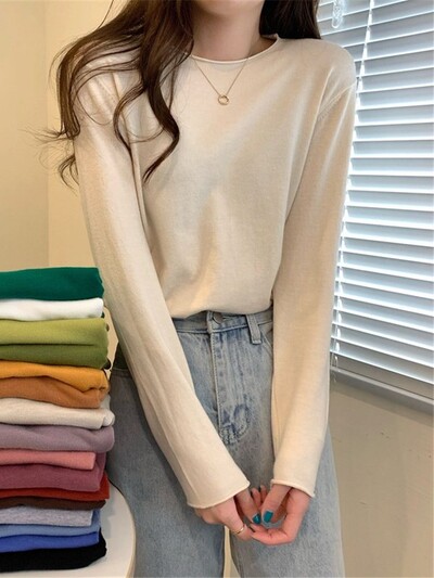 Modni korejski gornji ženski široki pleteni pulover s dugim rukavima u 16 boja, osnovna majica kratkih rukava, ležerna čista pletenina