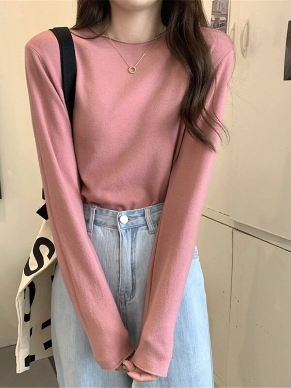 Modni korejski gornji ženski široki pleteni pulover s dugim rukavima u 16 boja, osnovna majica kratkih rukava, ležerna čista pletenina