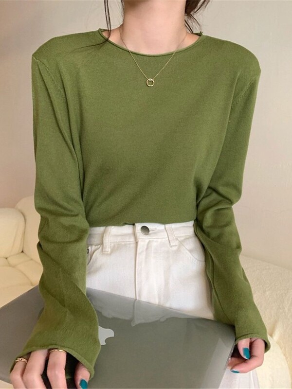 Modni korejski gornji ženski široki pleteni pulover s dugim rukavima u 16 boja, osnovna majica kratkih rukava, ležerna čista pletenina