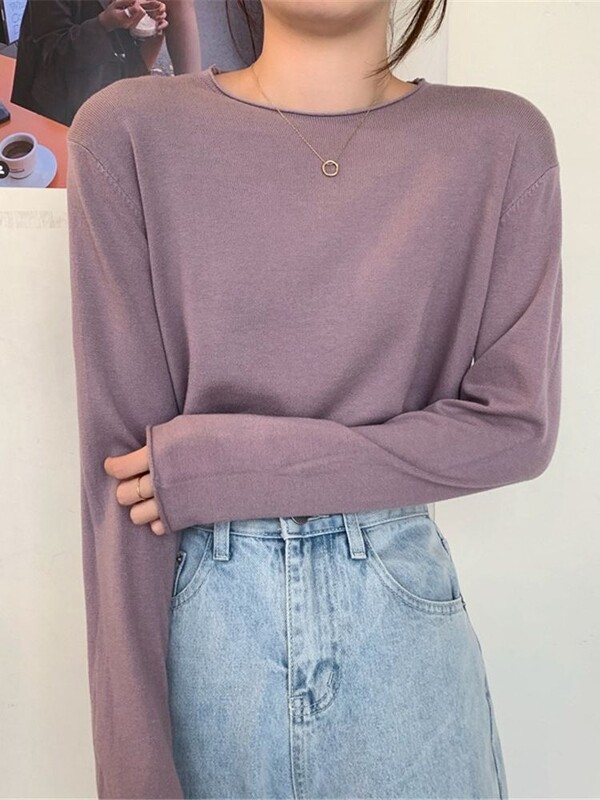 Modni korejski gornji ženski široki pleteni pulover s dugim rukavima u 16 boja, osnovna majica kratkih rukava, ležerna čista pletenina