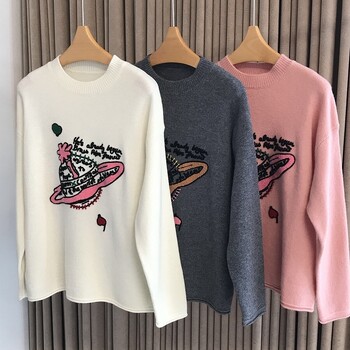 Луксозен марков дизайн Saturn Knit Embroider Long Sleeves Pulover Pulover For Women Top Pull Trikothing Дамски връхни дрехи Дрехи