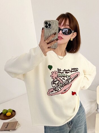 Луксозен марков дизайн Saturn Knit Embroider Long Sleeves Pulover Pulover For Women Top Pull Trikothing Дамски връхни дрехи Дрехи