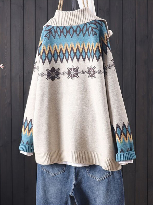 Kötött női kardigánok 2024 új őszi lehajtható galléros gombok gyapjú pulóverek Jacquard nagy zsebek hétköznapi bő kötöttáru