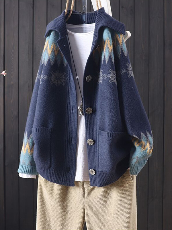 Kötött női kardigánok 2024 új őszi lehajtható galléros gombok gyapjú pulóverek Jacquard nagy zsebek hétköznapi bő kötöttáru