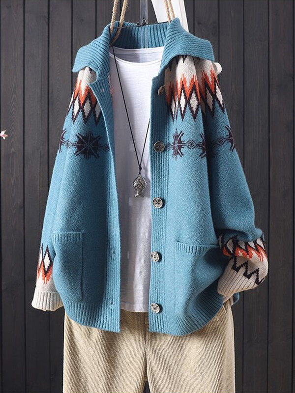 Kötött női kardigánok 2024 új őszi lehajtható galléros gombok gyapjú pulóverek Jacquard nagy zsebek hétköznapi bő kötöttáru