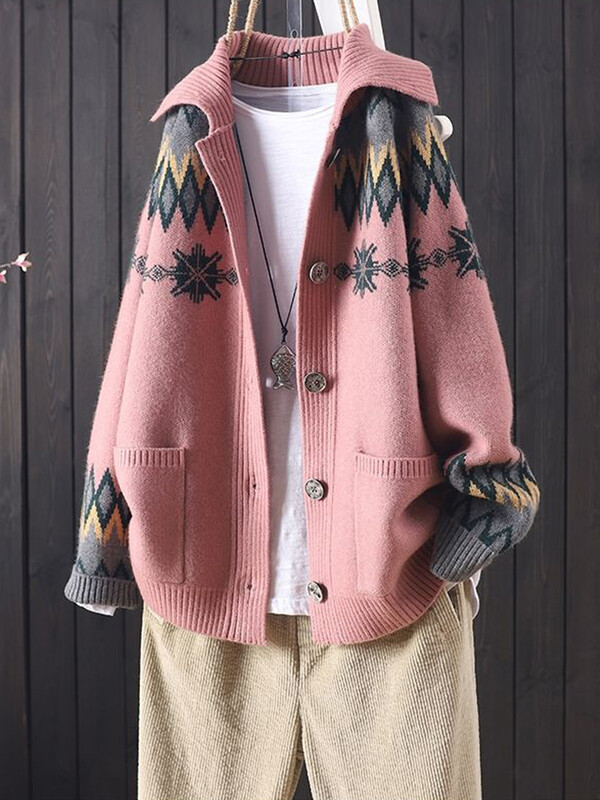 Kötött női kardigánok 2024 új őszi lehajtható galléros gombok gyapjú pulóverek Jacquard nagy zsebek hétköznapi bő kötöttáru