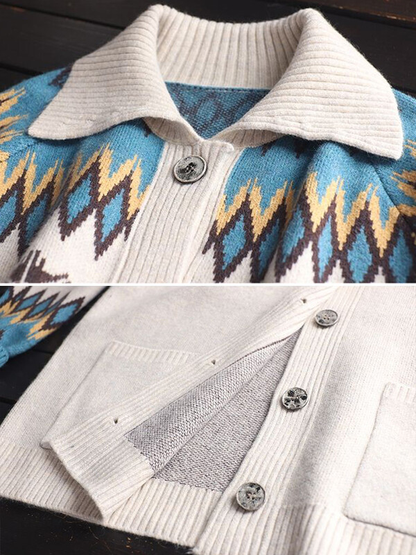 Kötött női kardigánok 2024 új őszi lehajtható galléros gombok gyapjú pulóverek Jacquard nagy zsebek hétköznapi bő kötöttáru
