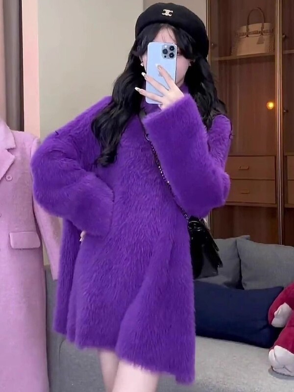 Dulce temperament mov pulover Mohair cu gât înalt Moda femei Moale Glutinos Coreean Bland Iarna Cald Solid Tricoturi largi