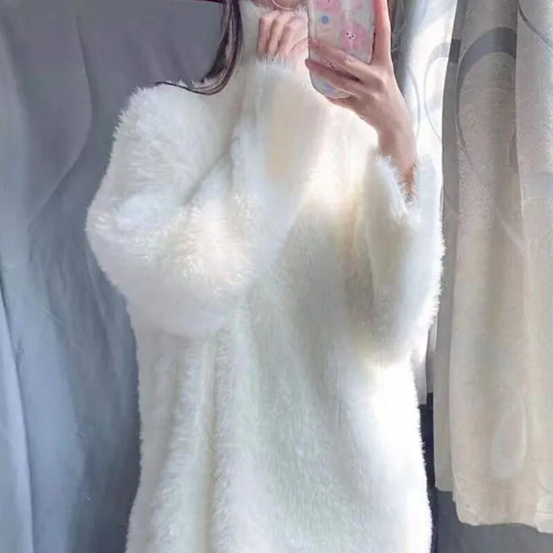 Dulce temperament mov pulover Mohair cu gât înalt Moda femei Moale Glutinos Coreean Bland Iarna Cald Solid Tricoturi largi