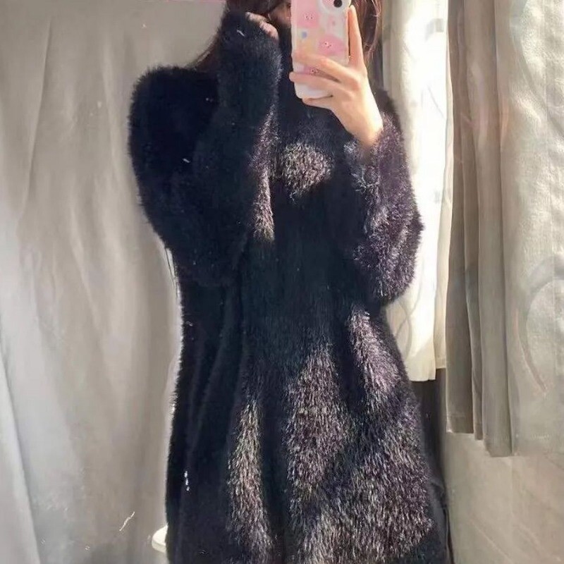 Dulce temperament mov pulover Mohair cu gât înalt Moda femei Moale Glutinos Coreean Bland Iarna Cald Solid Tricoturi largi